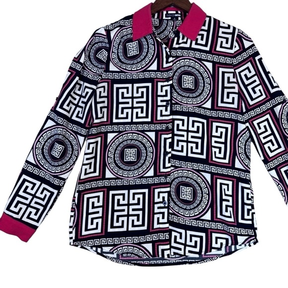 Fashion Nova Woman’s Black, White, Red Geometric Button Up Dress Shirt - Picture 8 of 11